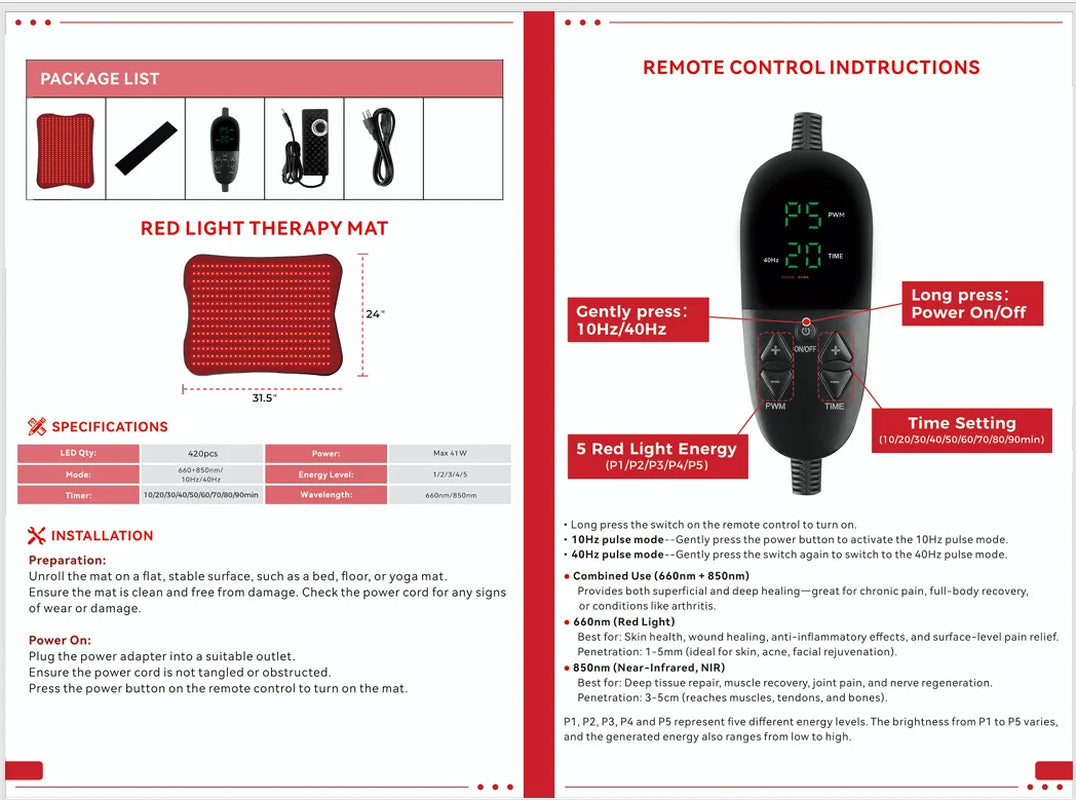 Red Light Therapy Pad Infrared LED Full Body Mat – Full-Body Wellness Pad for Home, Spa & Yoga, Photon Light Therapy Mat（U.S. Standard Plug）